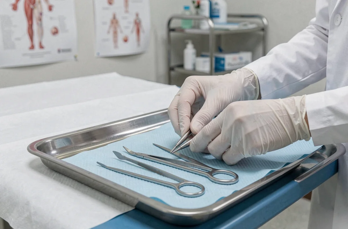 Instruments médicaux stériles préparés par une gynécologue pour un retrait de dispositif intra-utérin en cabinet