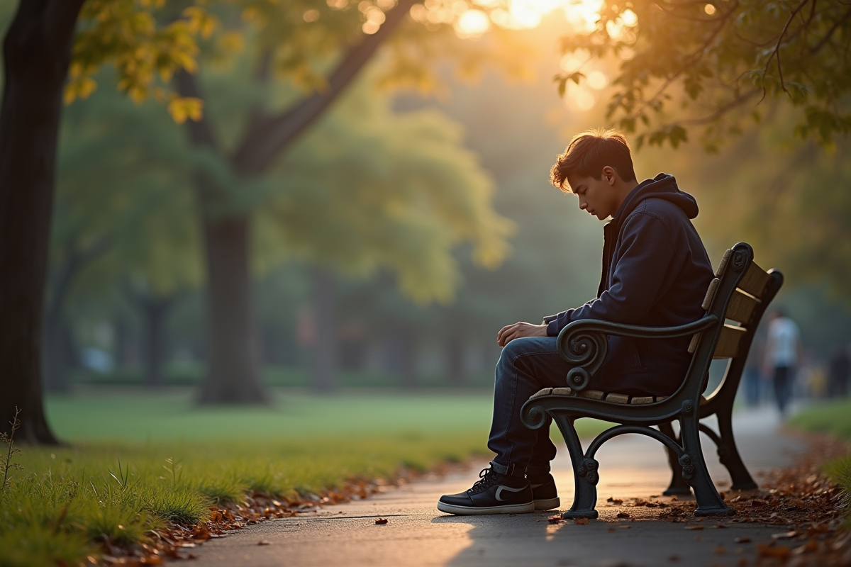 Jeune adulte seul sur un banc de parc en journée