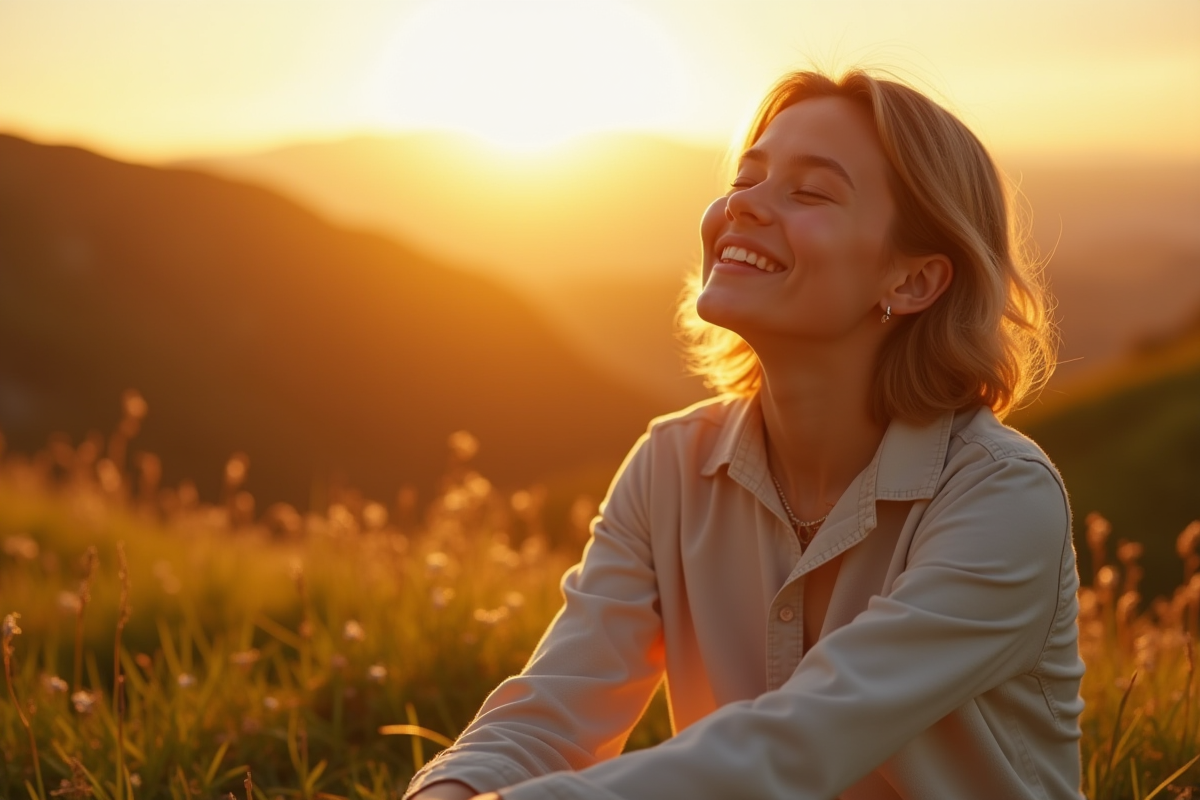 Jeune adulte assis paisiblement sur une colline au lever du soleil