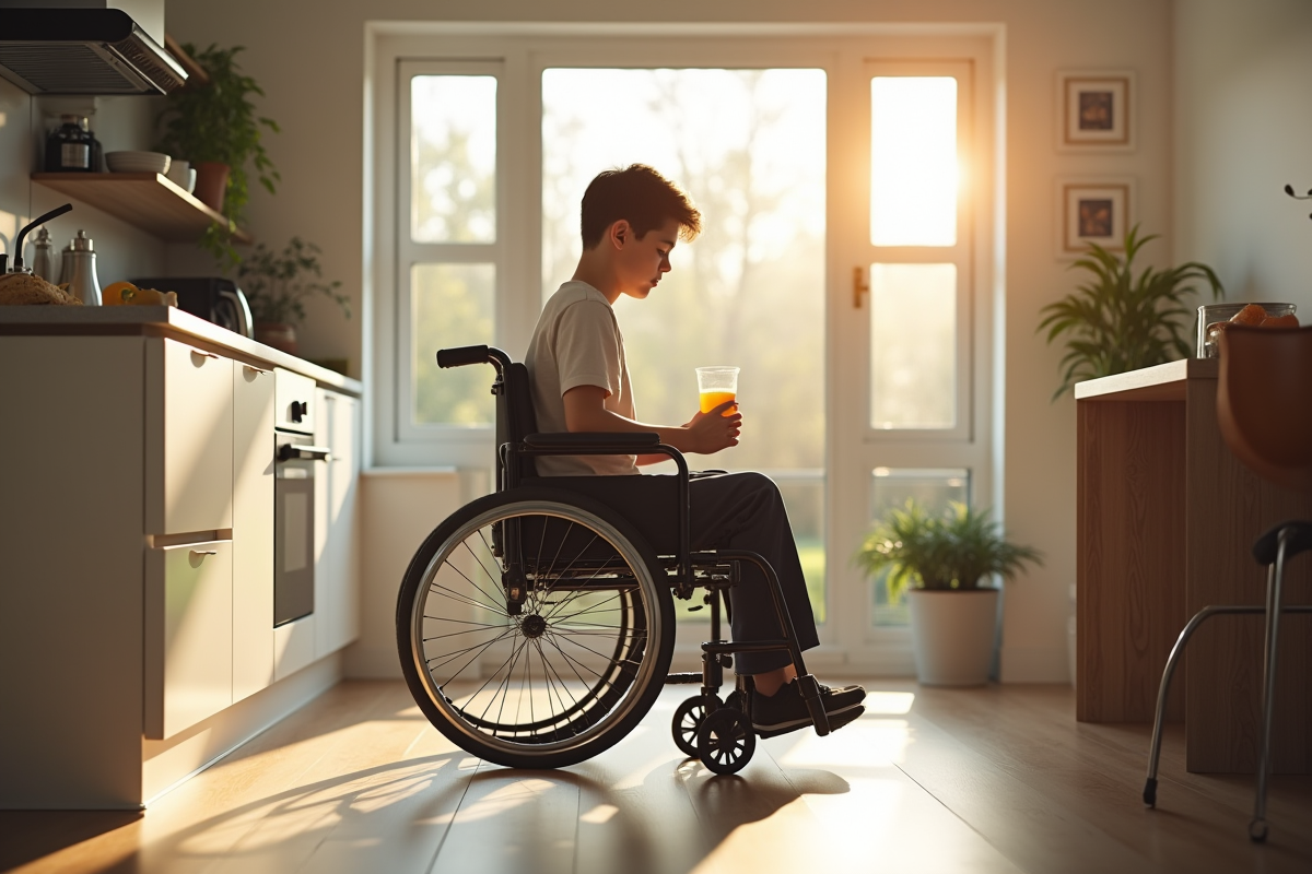 Jeune adulte en fauteuil préparant le petit déjeuner dans une cuisine lumineuse