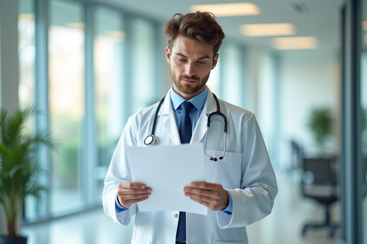 Jeune docteur dans un hôpital moderne examine des documents de salaire