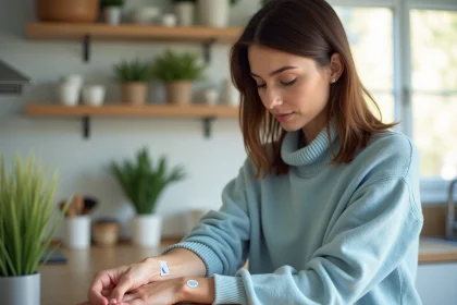Jeune femme appliquant un patch allergie sur son bras dans la cuisine