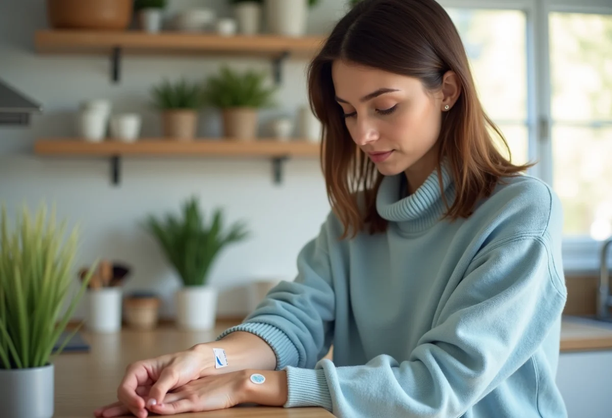 Jeune femme appliquant un patch allergie sur son bras dans la cuisine