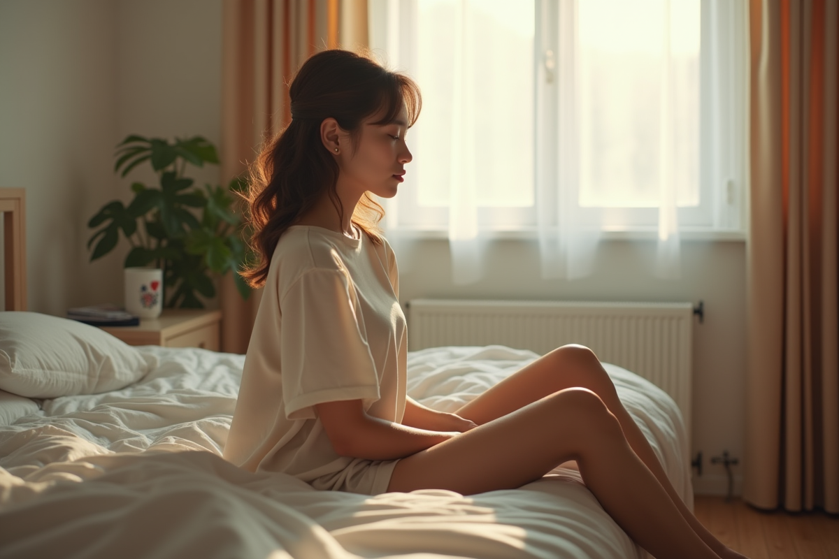 Jeune femme dans sa chambre au matin pensant