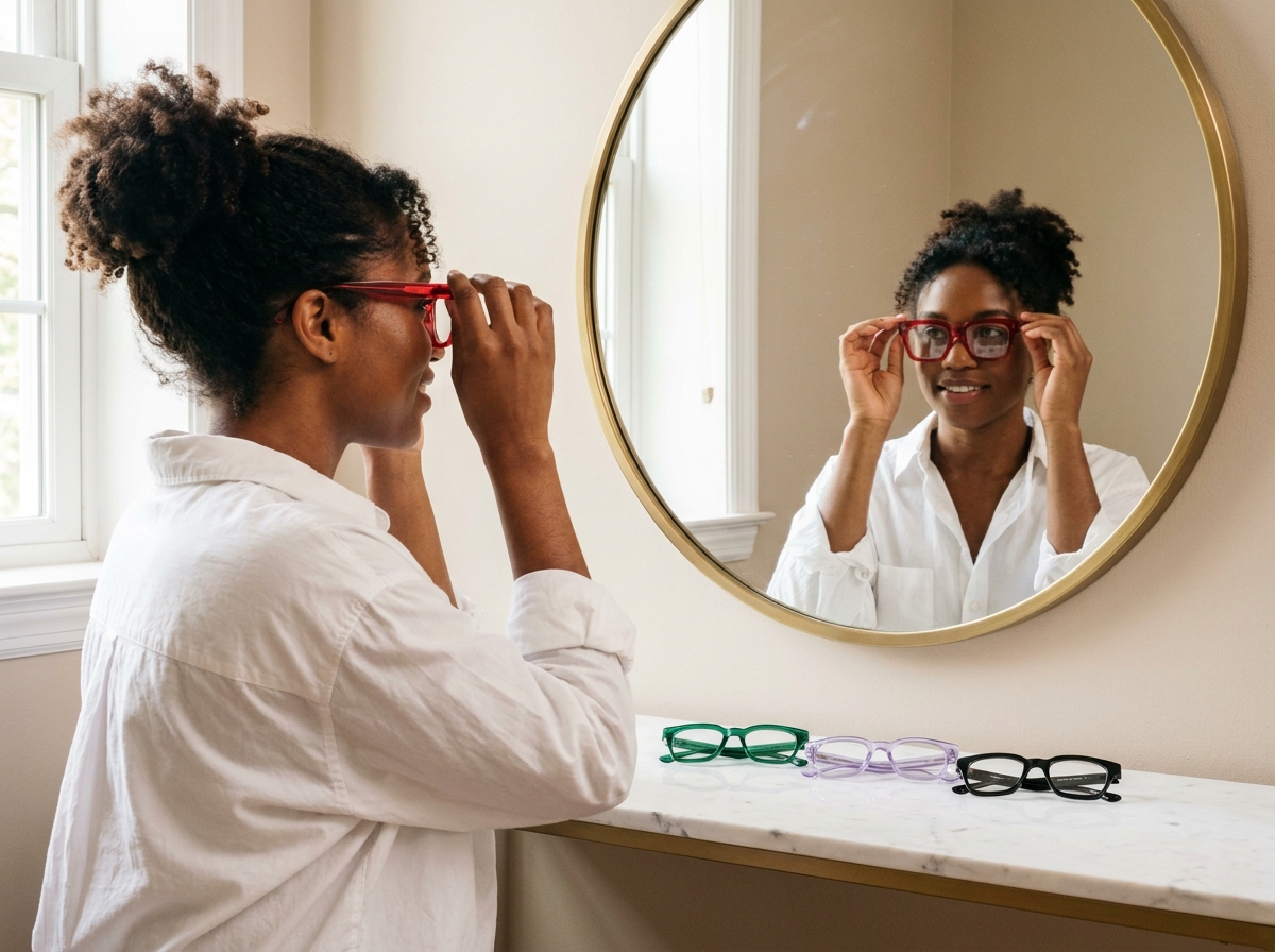 Jeune femme testant différentes couleurs de montures de lunettes devant un miroir rond dans un espace dressing élégant