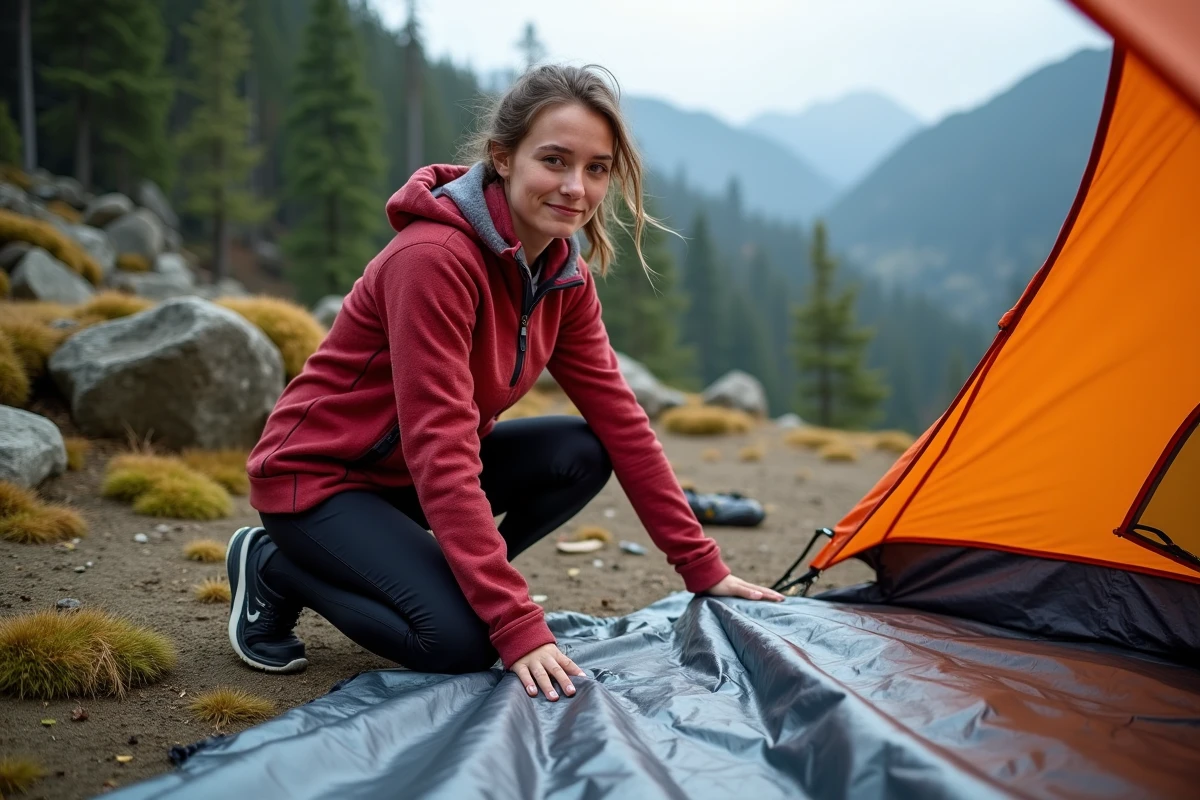 Jeune femme préparant une couverture de survie au camp