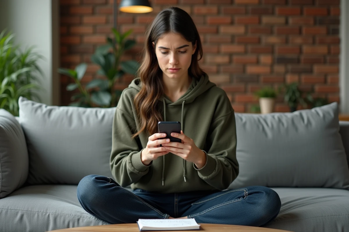 Jeune femme scrutant des avis sur son smartphone dans un salon moderne, représentant la recherche de faux témoignages en ligne