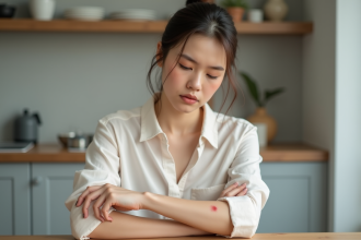 Jeune femme regarde une bosse rouge sur son bras