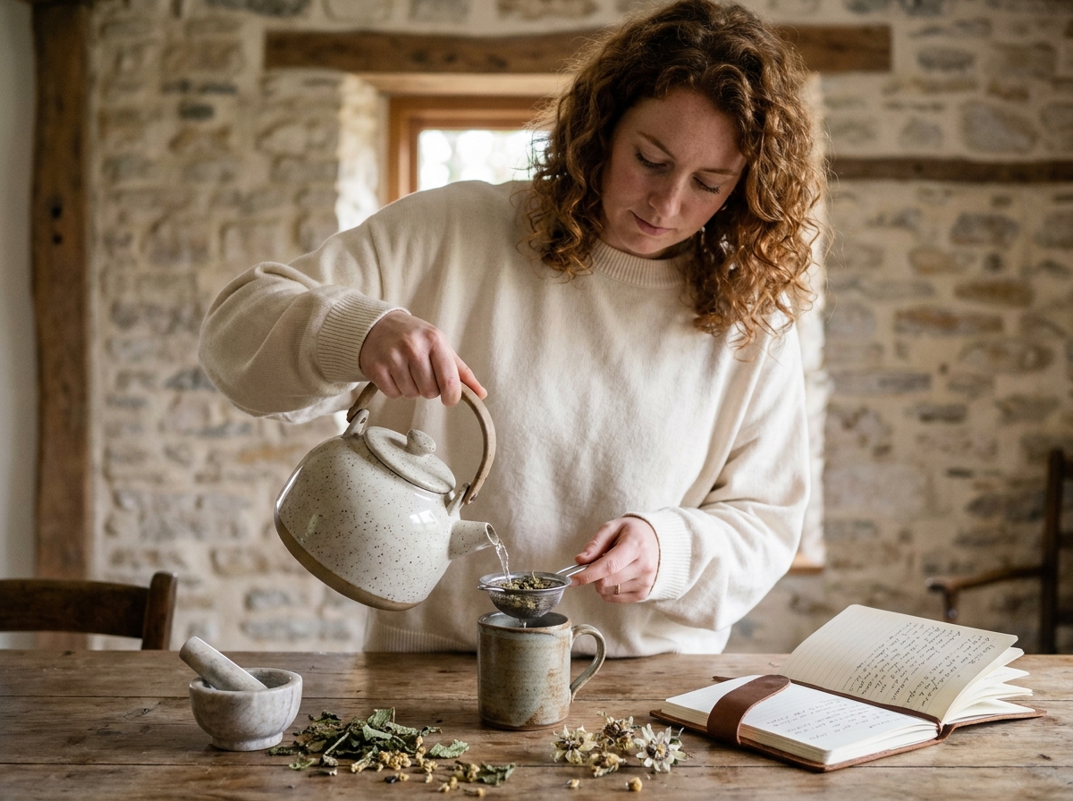 Jeune femme préparant une infusion de plantes médicinales à base de mélisse et passiflore dans une maison de campagne, phytothérapie naturelle
