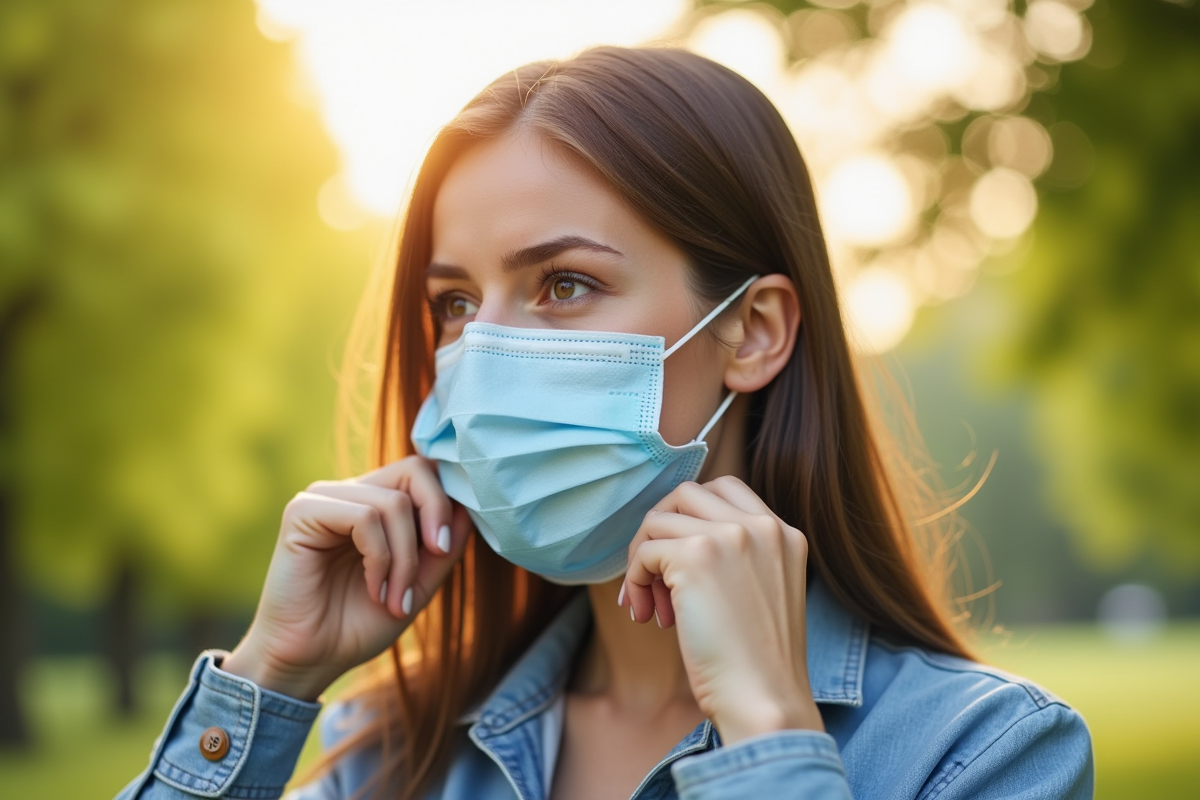 Jeune femme ajustant son masque en extérieur avec nature en arrière-plan