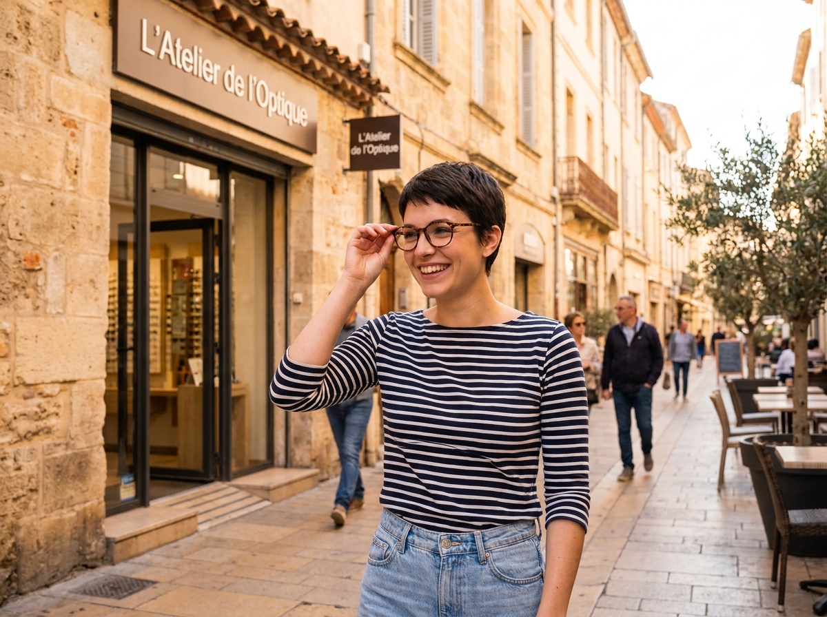 Jeune femme souriante sortant d'un opticien à Narbonne et ajustant ses nouvelles lunettes dans une rue piétonne ensoleillée