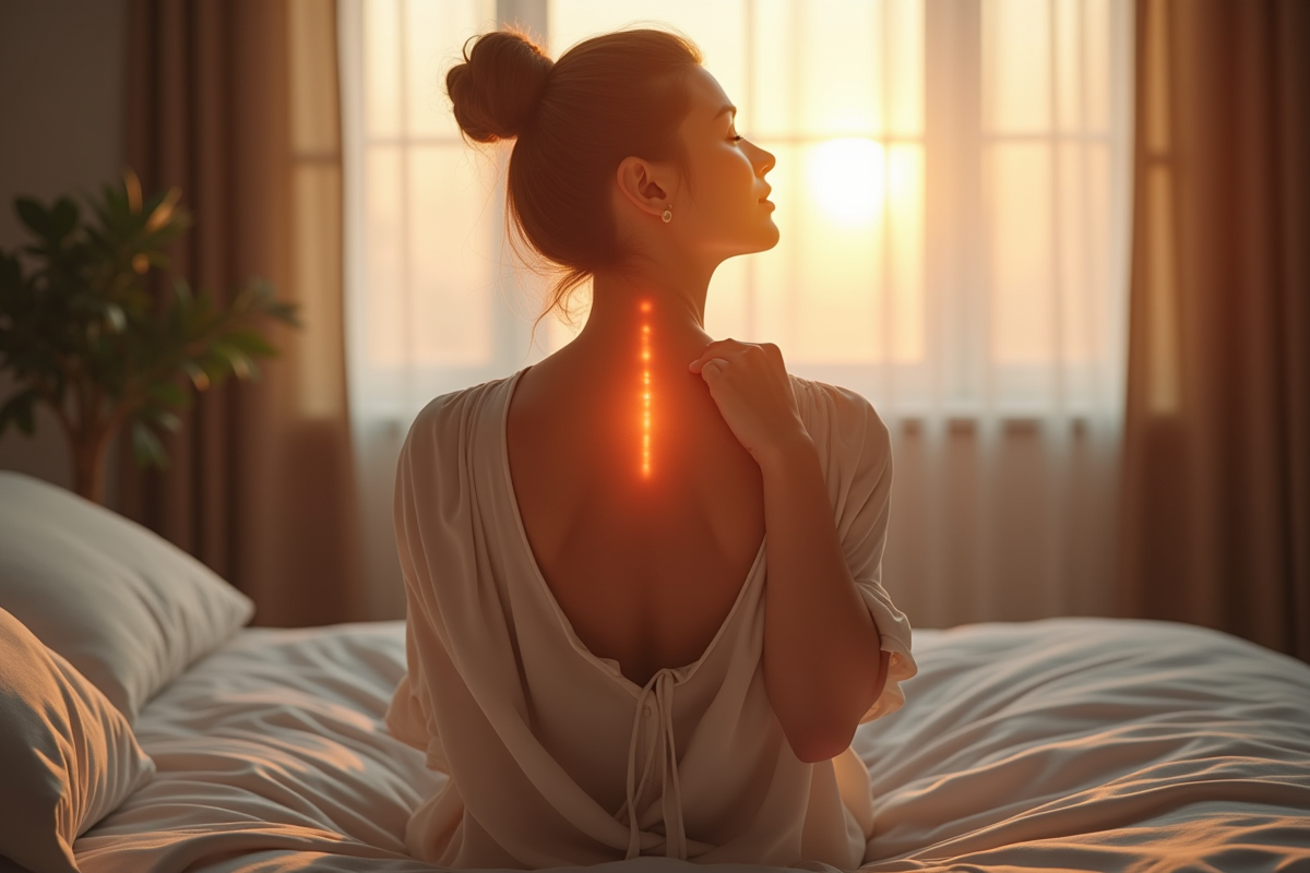 Jeune femme assise sur son lit au lever du soleil touchant sa thyroide