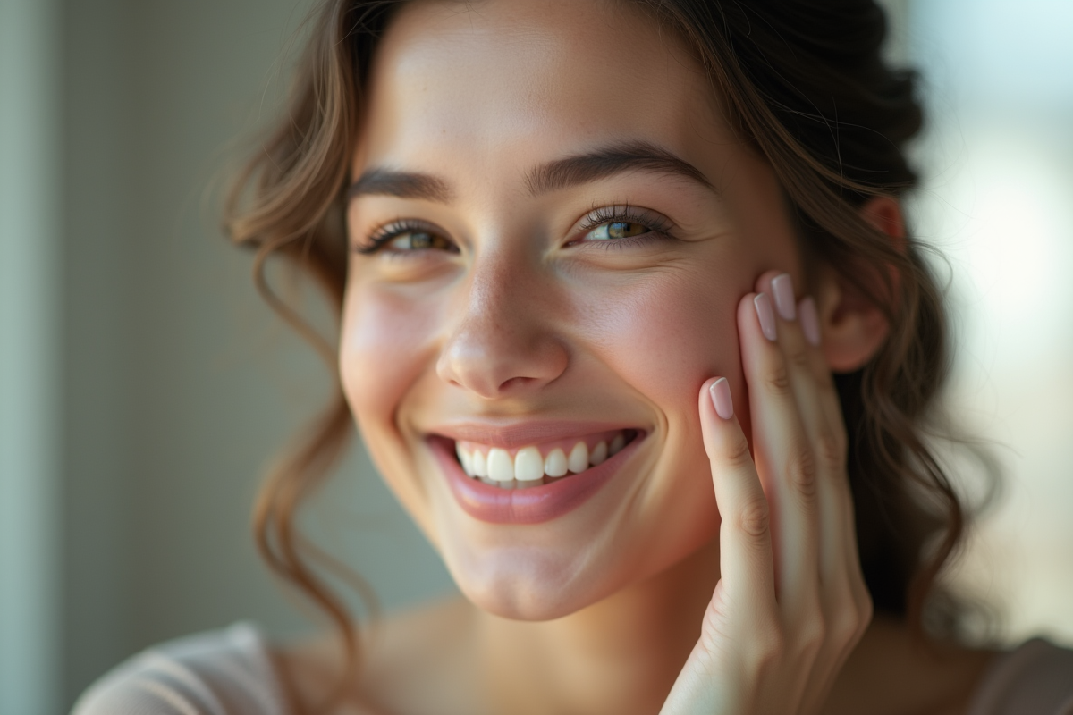 Jeune femme souriante touchant sa joue en lumière naturelle