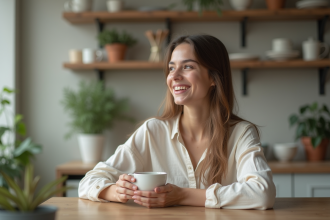 Jeune femme souriante avec thé aux herbes dans la main