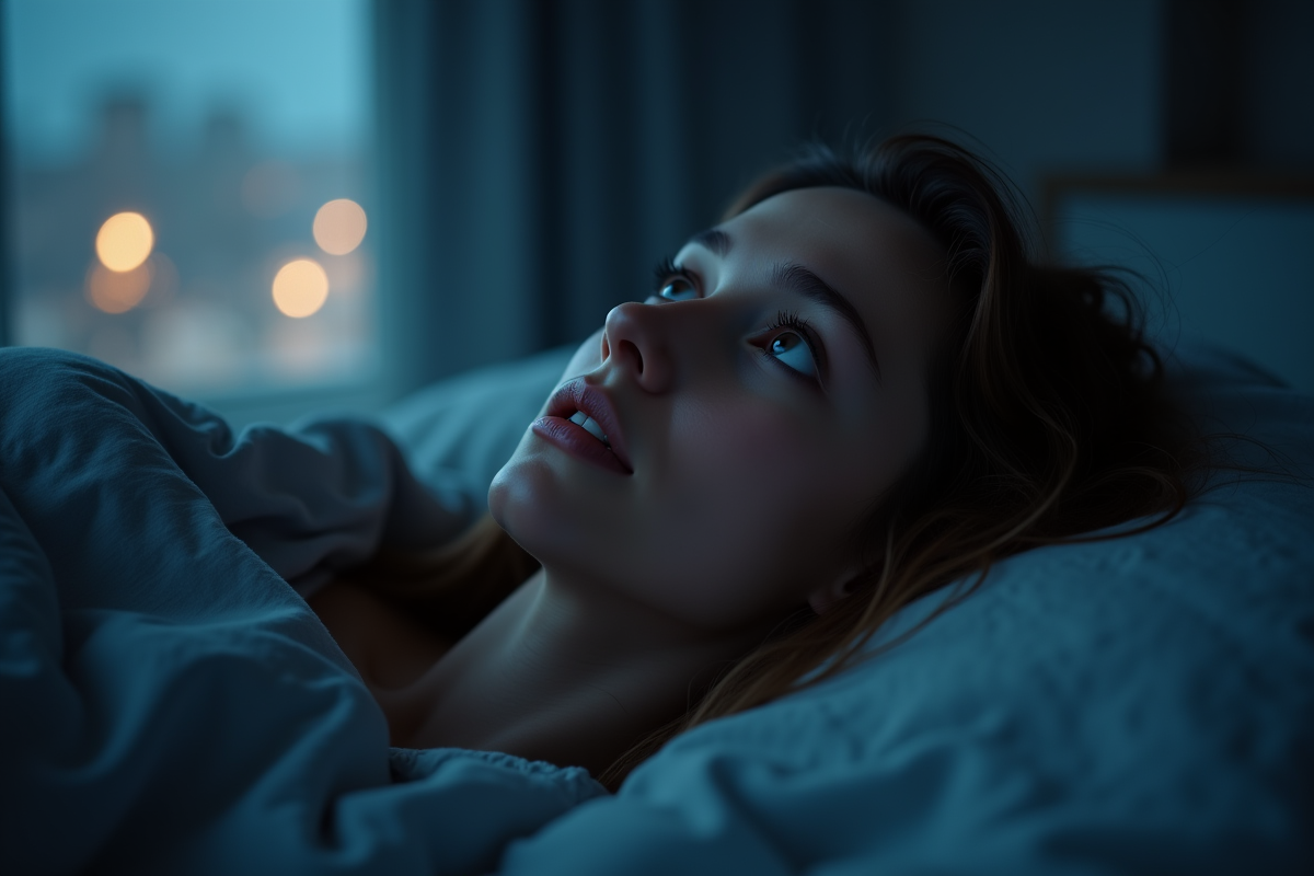 Jeune femme éveillée dans son lit la nuit avec lumière urbaine