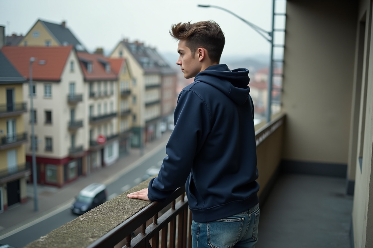 Jeune homme regardant la ville depuis un balcon urbain