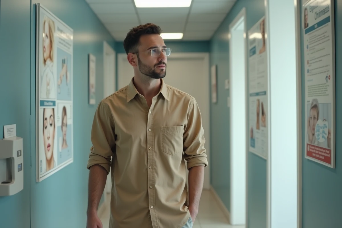 Jeune homme entrant dans une salle de consultation médicale