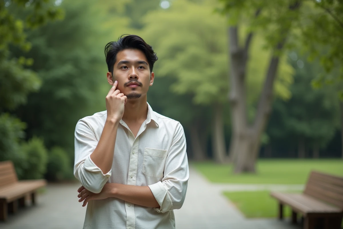 Jeune homme contemplant un jardin paisible