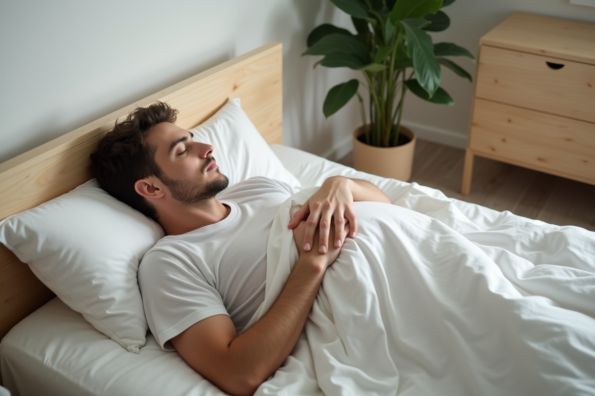 Jeune homme allongé sur un lit scandinave avec plantes vertes