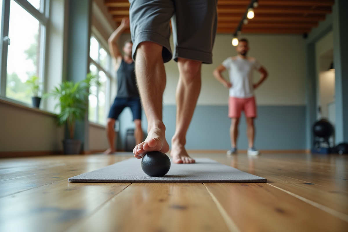 Jeune homme utilisant balle de massage sur son pied dans une salle de sport