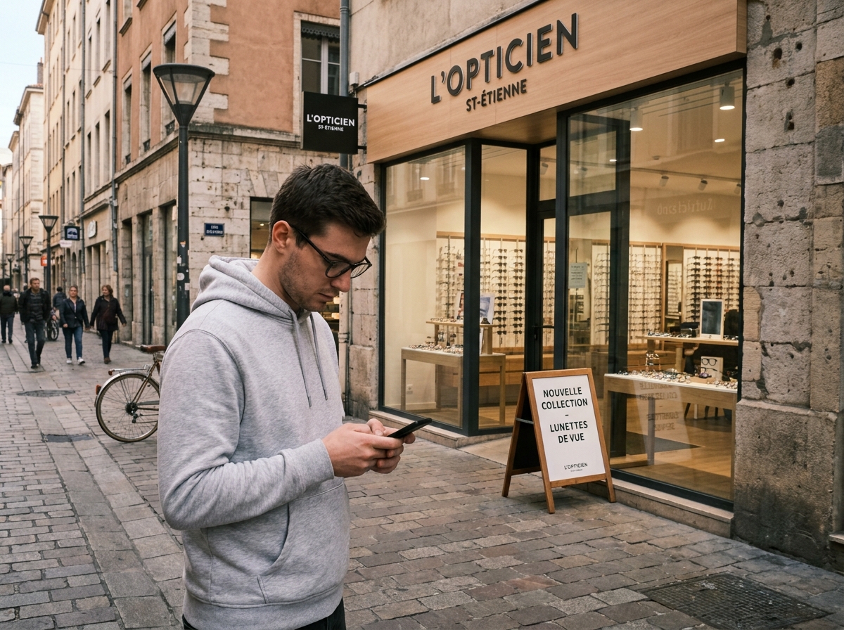 Jeune homme portant ses nouvelles lunettes devant une opticienne en centre-ville de Saint-Étienne