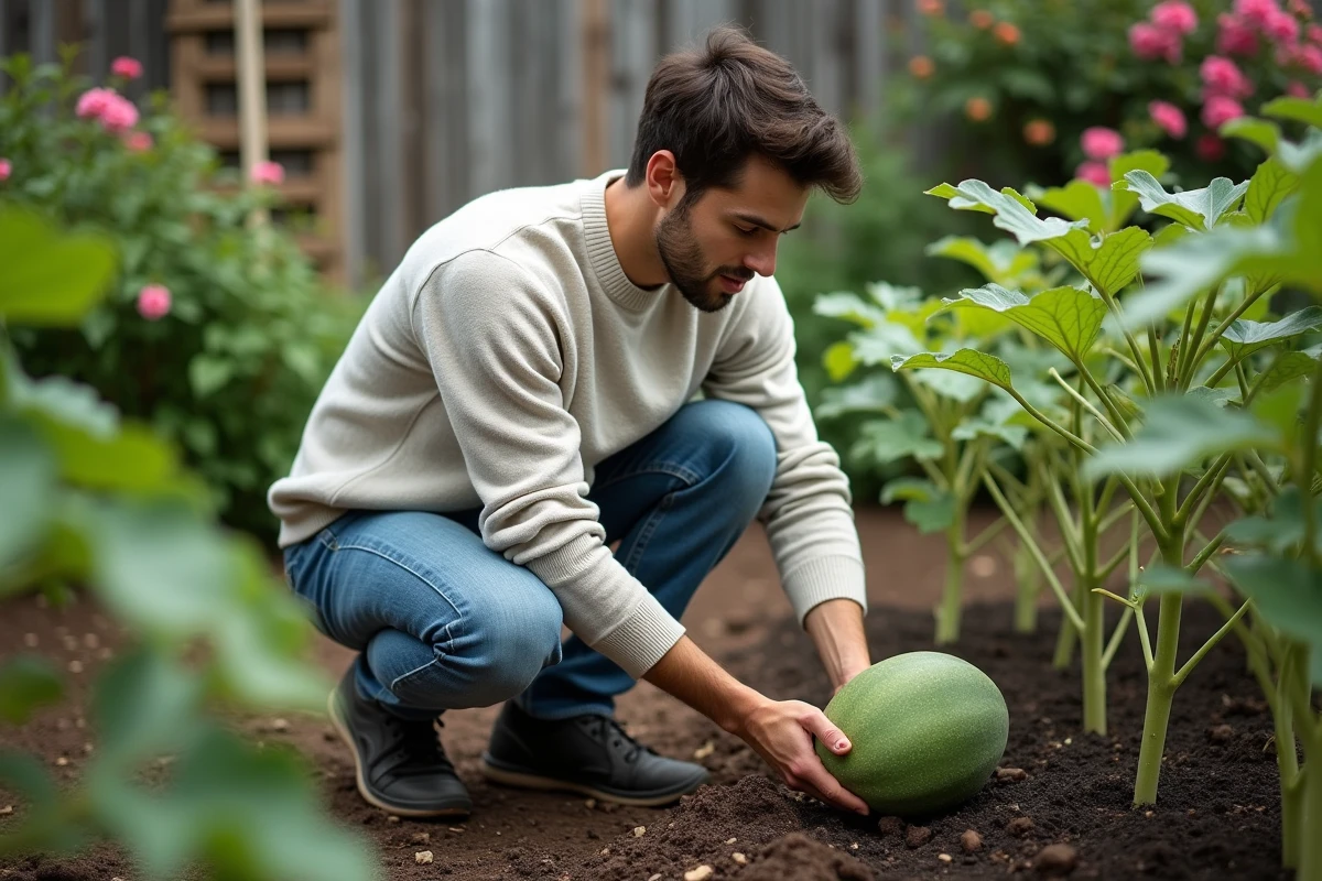 Jeune homme cultivant des papayers dans le jardin