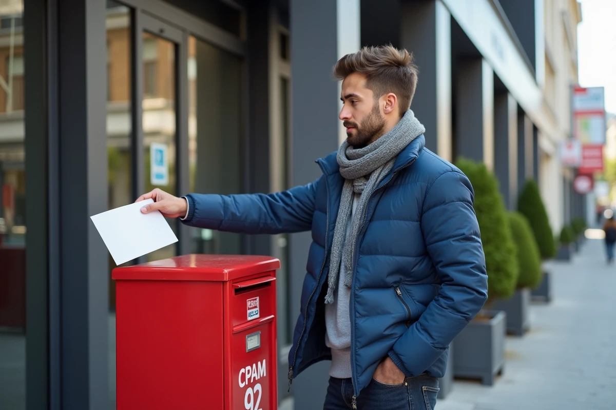 Jeune homme dépose une enveloppe dans une boîte aux lettres
