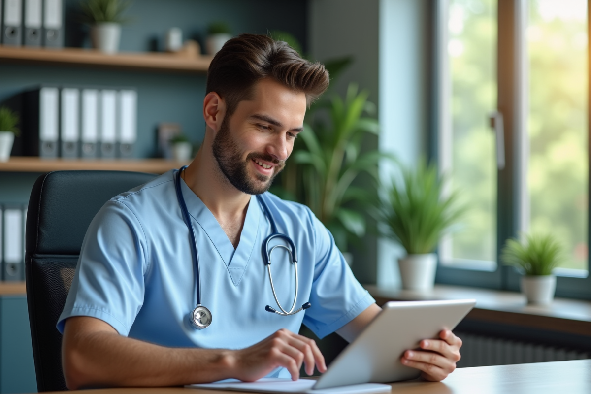 Jeune infirmier travaillant sur une tablette dans un bureau médical