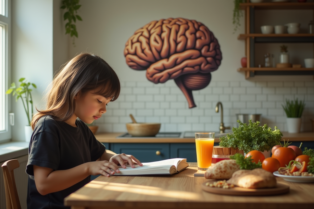Jeune lisant à la table avec repas sain et illustration cerveau