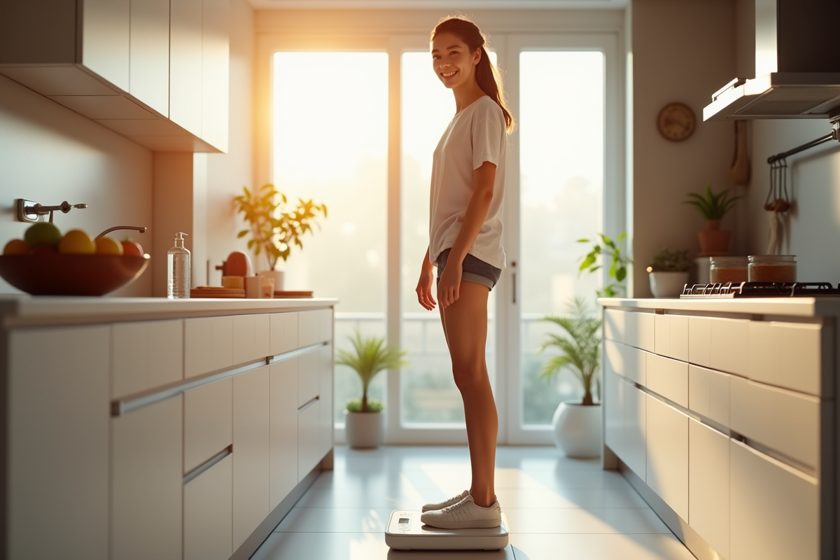 Jeune adulte sur une balance numérique dans une cuisine lumineuse