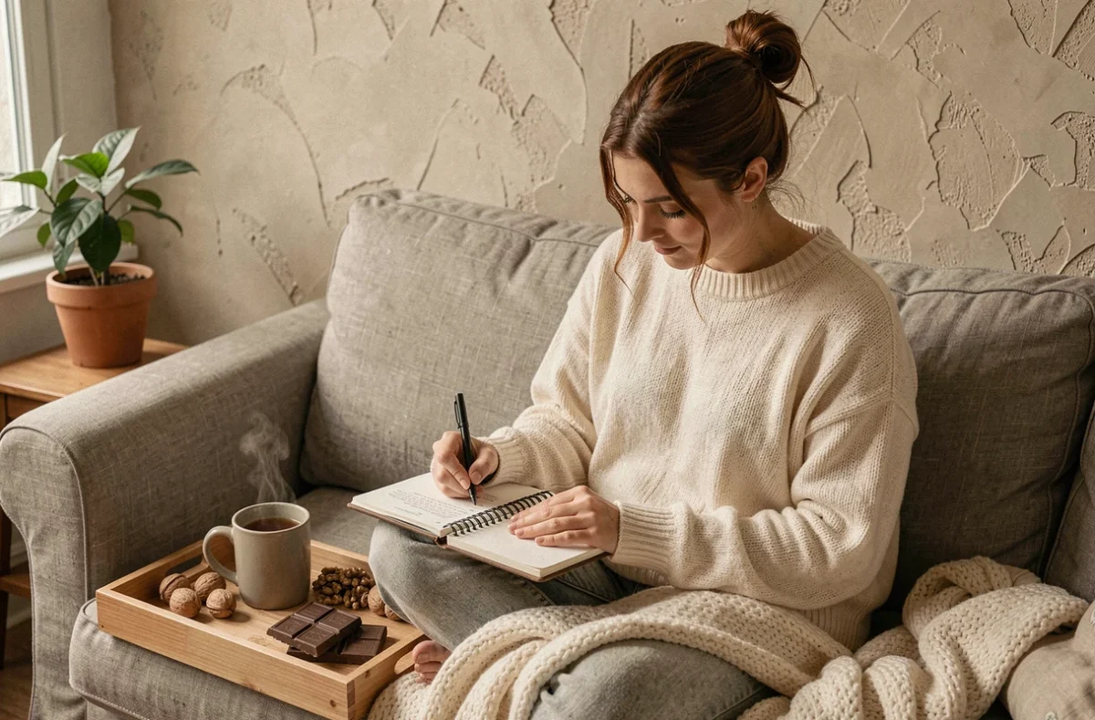 Femme notant son programme nutritionnel dans un journal bien-être avec des collations riches en magnésium adaptées aux phases du cycle