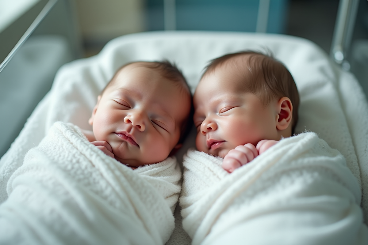 Jumeaux nouveau-nés dans un berceau avec lumière naturelle douce
