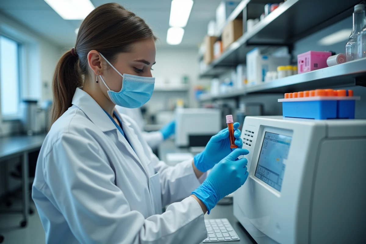 Technicienne de laboratoire analysant un échantillon sanguin pour le dosage des transaminases ALAT SGPT