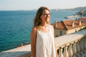 Femme élégante portant des lunettes en écaille de tortue sur la promenade de la Côte d'Azur avec vue sur la mer Méditerranée