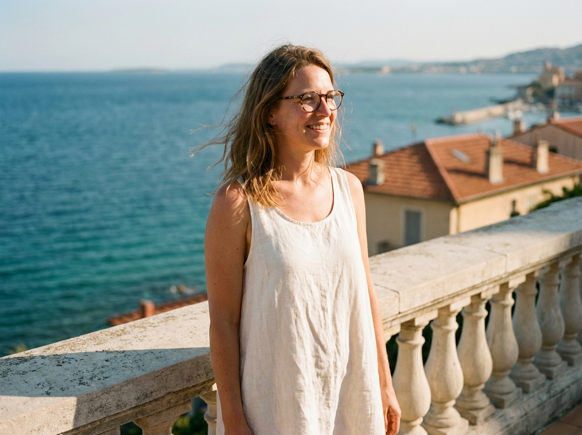 Femme élégante portant des lunettes en écaille de tortue sur la promenade de la Côte d'Azur avec vue sur la mer Méditerranée
