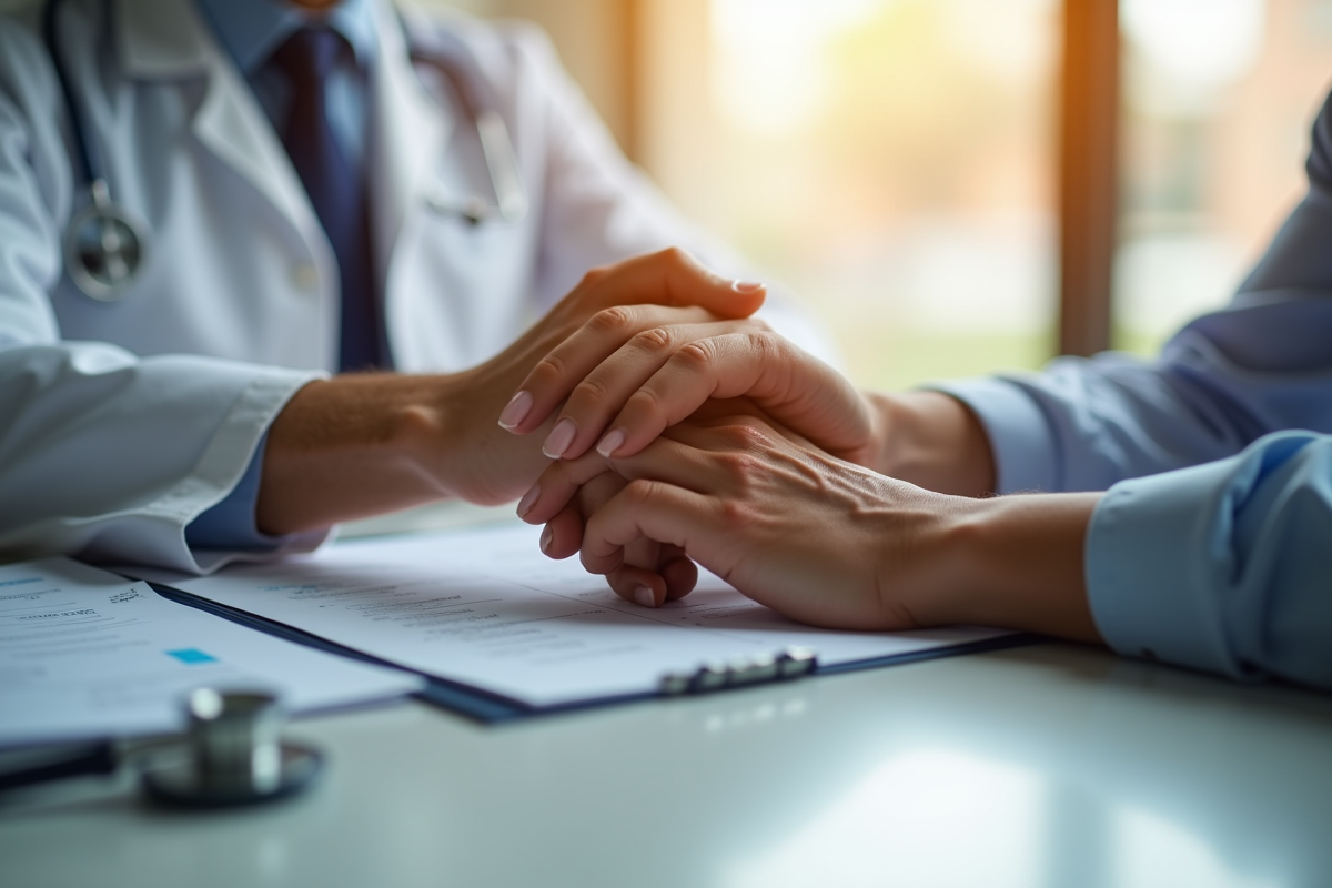 Mains d’un patient et médecin lors d’une consultation