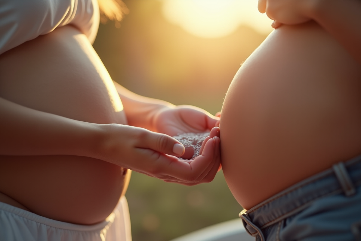 Mains effectuant une échographie sur le ventre de la femme enceinte