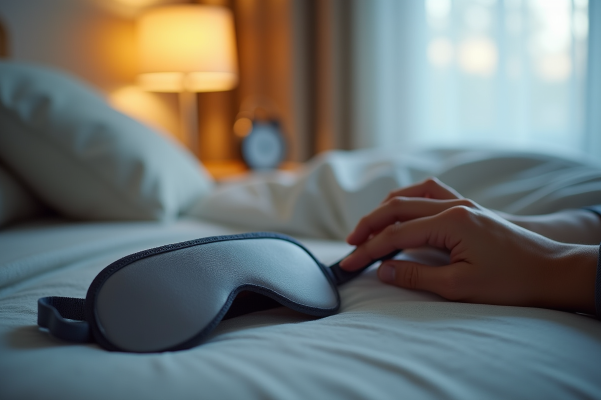 Main reposant sur un masque de sommeil et une reveil sur la table de nuit