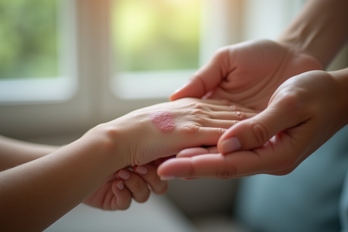 Gros plan de mains avec eczema et contact doux