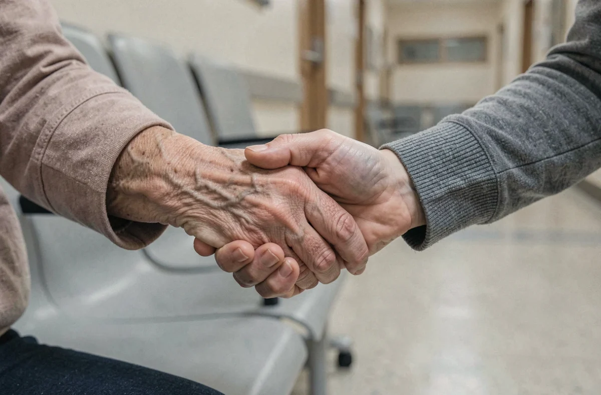 Deux mains féminines entrelacées dans une salle d'attente d'hôpital symbolisant le soutien familial face au deuil