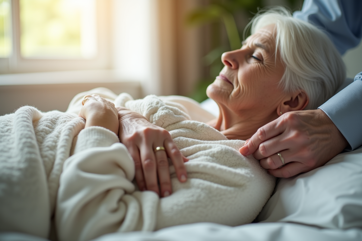 Mains qui arrangent doucement une couverture sur un patient a domicile