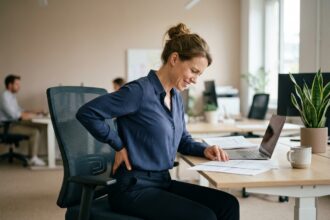 Femme assise dans un fauteuil ergonomique de bureau, tenant son bas du dos, illustrant le mal de dos lié à la qualité de l'assise