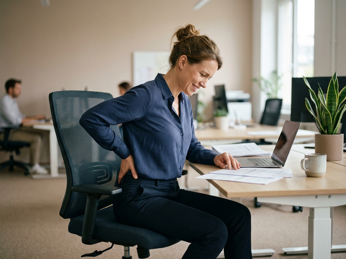 Femme assise dans un fauteuil ergonomique de bureau, tenant son bas du dos, illustrant le mal de dos lié à la qualité de l'assise