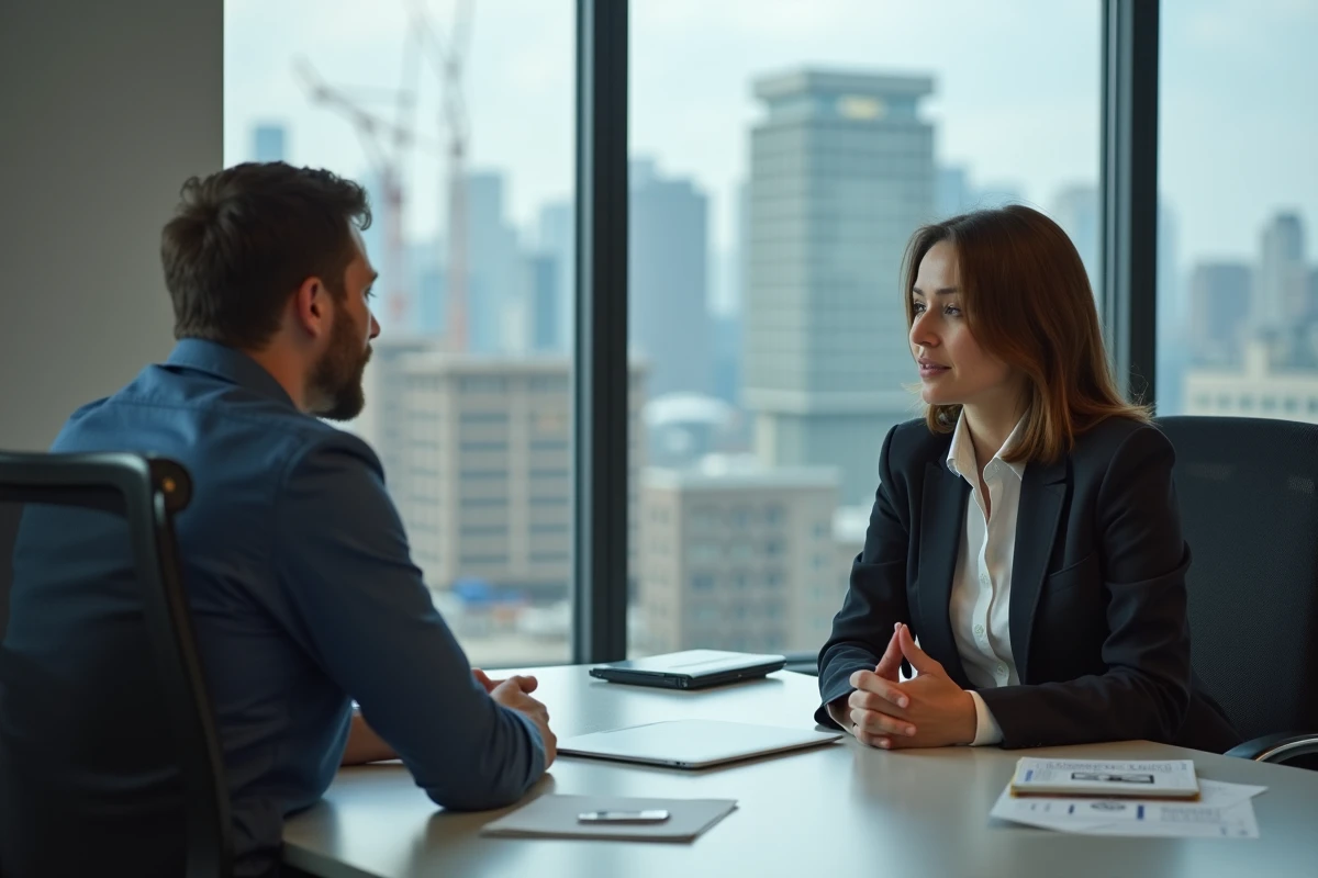 Manager RH parlant avec un employé dans une salle de réunion moderne