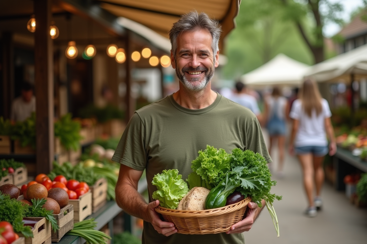Homme choisissant des légumes frais au marché en plein air