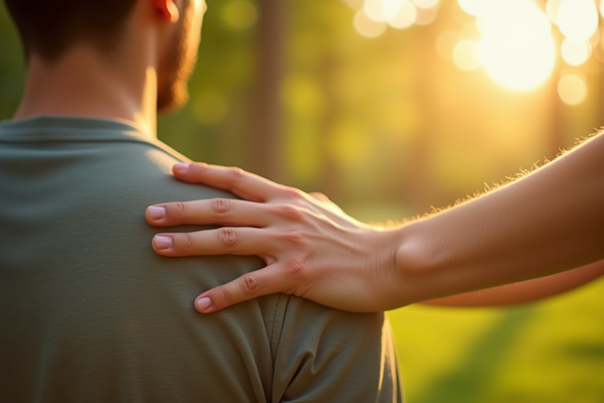 Gros plan de mains massant une epaule en plein air