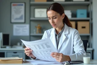 Médecin femme analysant un bilan sanguin avec des résultats de ferritine élevée dans un cabinet médical