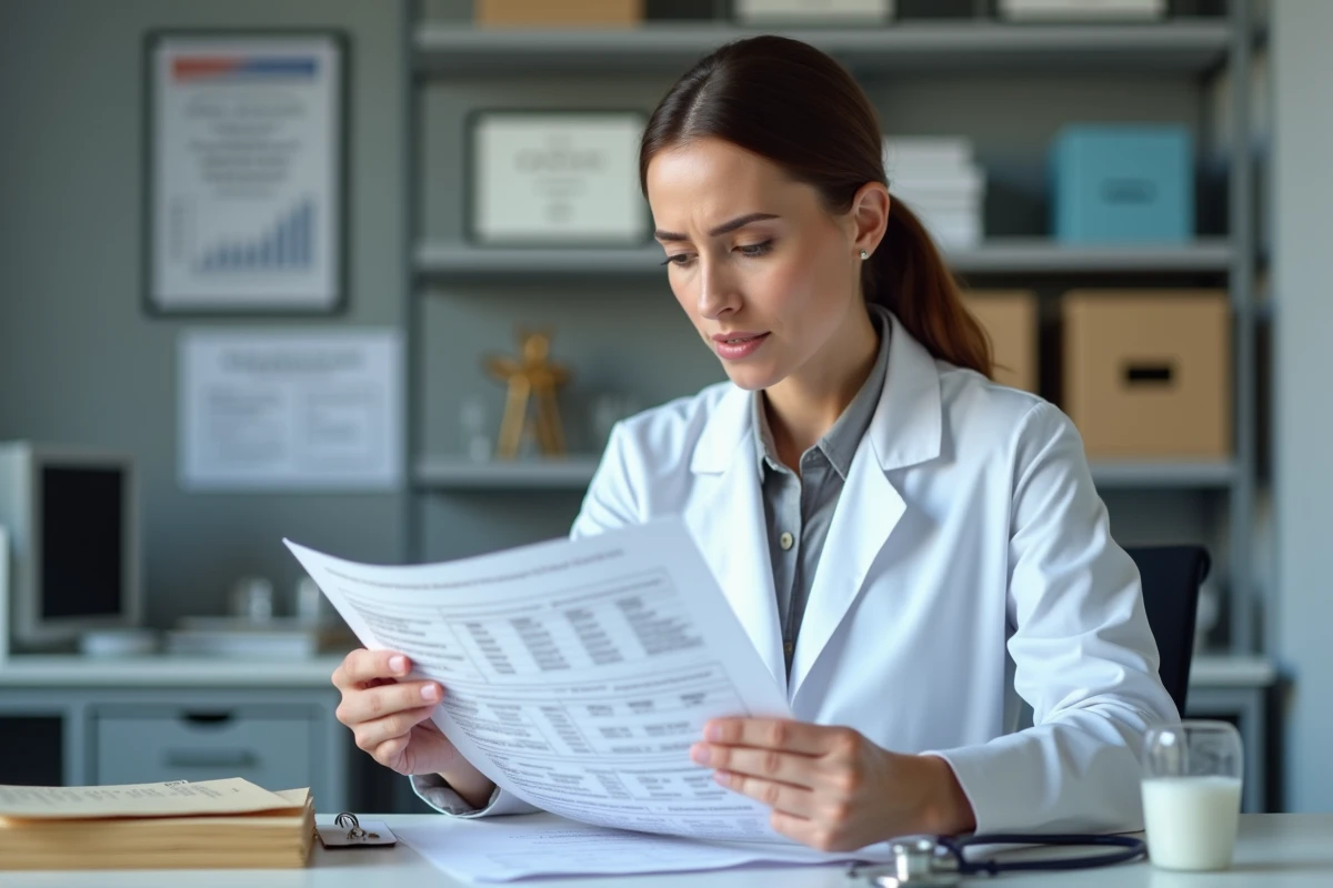 Médecin femme analysant un bilan sanguin avec des résultats de ferritine élevée dans un cabinet médical