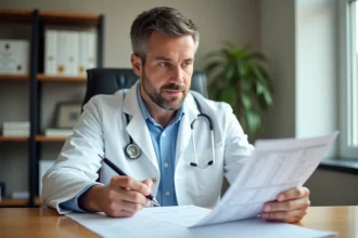 Médecin consultant un bilan sanguin avec des valeurs de transaminases SGOT sur un bureau médical