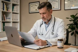 Médecin généraliste examinant des documents sur un complément alimentaire comme Lumilean dans un cabinet médical moderne